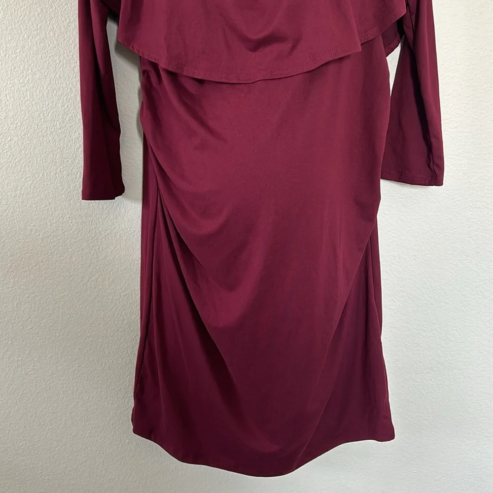 PinkBlush Maroon Burgundy Ruffle Trim Off Shoulder Fitted Maternity Dress - Picture 6 of 9